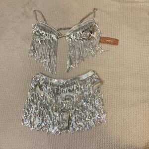 Silver Two Piece Sequin Outfit.